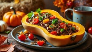 découvrez notre recette savoureuse de butternut farci vegan, parfaite pour réchauffer vos repas d'automne avec des ingrédients sains et gourmands.