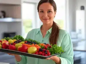 femme avec plateau de fruits et légumes