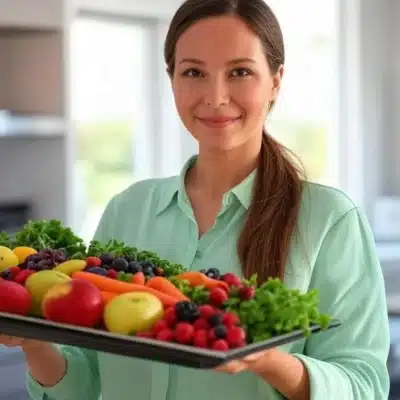 femme avec plateau de fruits et légumes